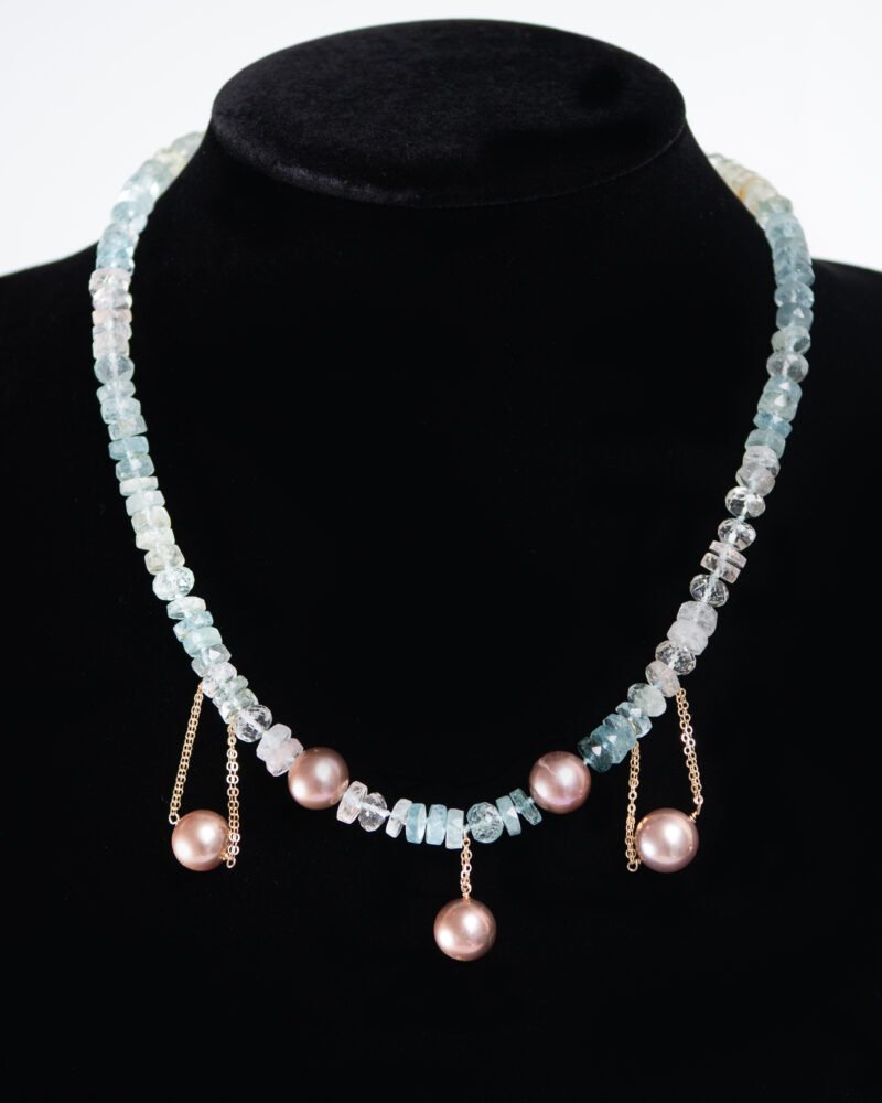 aquamarine heishi & pink pearl fringe
